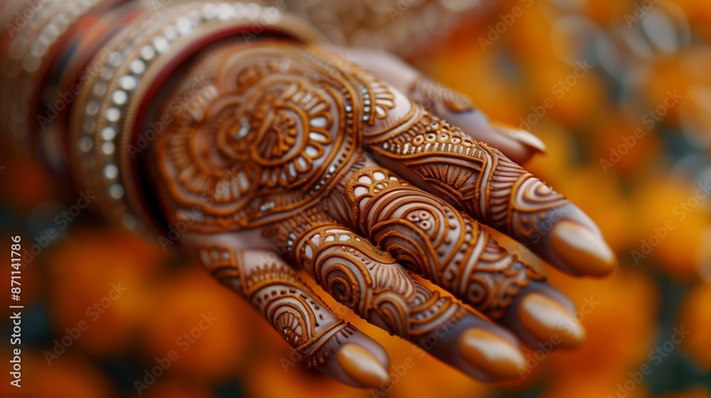 Close-up of a womans hand adorned with intricate mehendi designs