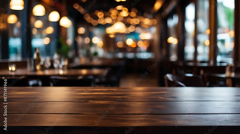 The image captures the warm ambiance of an empty restaurant with wooden tables and soft lighting from hanging bulbs, creating a welcoming space The image captures the warm ambiance of an empty restaurant with wooden tables and soft lighting from hanging bulbs, creating a welcoming space