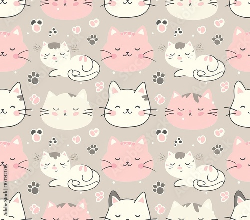 Cute seamless pattern with pretty kittens. Great for baby fabric, textile, wallpaper. Cats. Cat cartoon style. Pastel Colors. High quality AI generated image