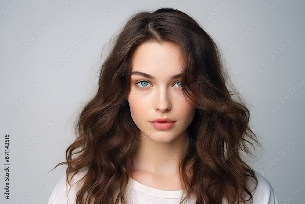 Portrait of a Beautiful Young Woman with Dark Hair in White Top Against Soft Light Background Portrait of a Beautiful Young Woman with Dark Hair in White Top Against Soft Light Background