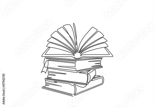 Continuous one line drawing of stack of books and open book. Single line of notebooks for background. Education, business, back to school hand drawn sketch design. Editable stroke