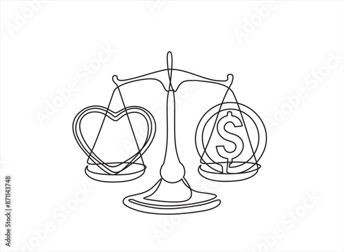 Continuous one line drawing of dollar coin sign and heart on scales.