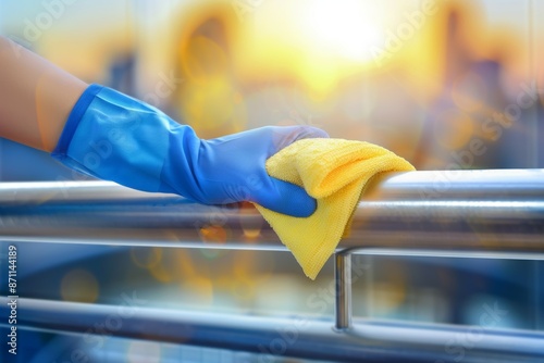 A person is cleaning a railing with a yellow cloth