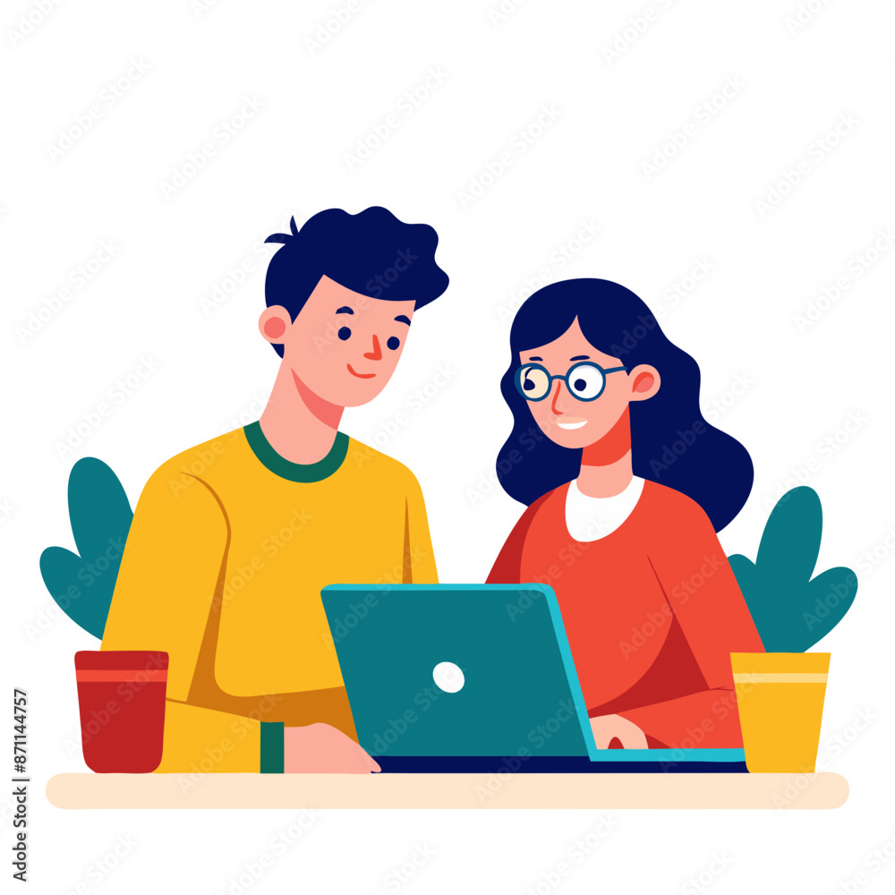 Smiling Couple Working Together on Laptop at Desk Smiling Couple Working Together on Laptop at Desk