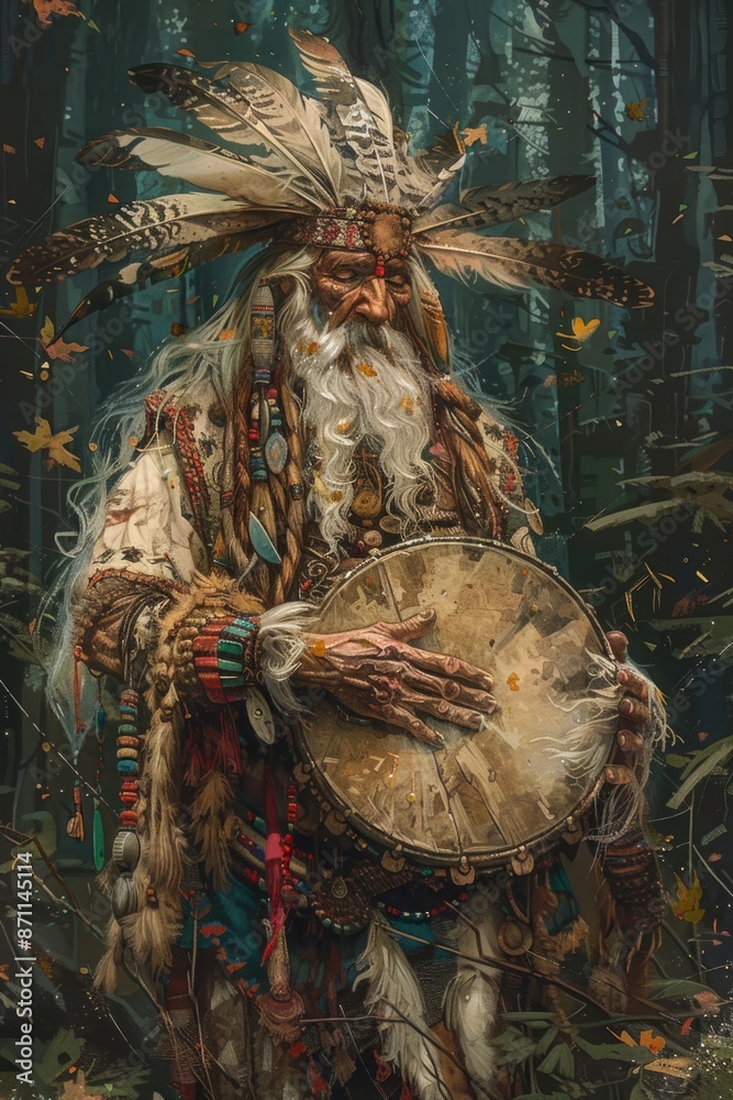 A shamanic figure in native dress with a tambourine, surrounded by the ancient aura of a dense forest. A shamanic figure in native dress with a tambourine, surrounded by the ancient aura of a dense forest.