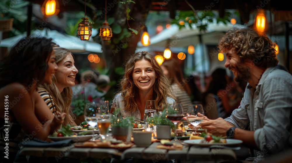 A group of happy friends having dinner together at a street cafe. A group of happy friends having dinner together at a street cafe.