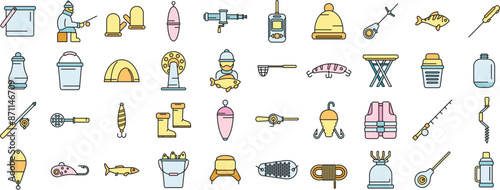 Ice fishing icons set outline vector. Winter frozen. Lake polar thin line color flat on white