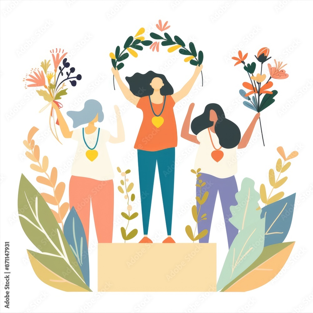 Three women stand proudly on a podium, the central figure adorned with a gold medal and wreath, surrounded by fellow winners clutching flower bouquets. The concept of sports competitions. Three women stand proudly on a podium, the central figure adorned with a gold medal and wreath, surrounded by fellow winners clutching flower bouquets. The concept of sports competitions.