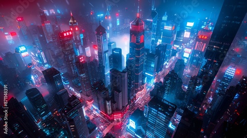 Fototapeta Naklejka Na Ścianę i Meble -  Aerial view of futuristic city at night with neon lights. Urban and technology concept.