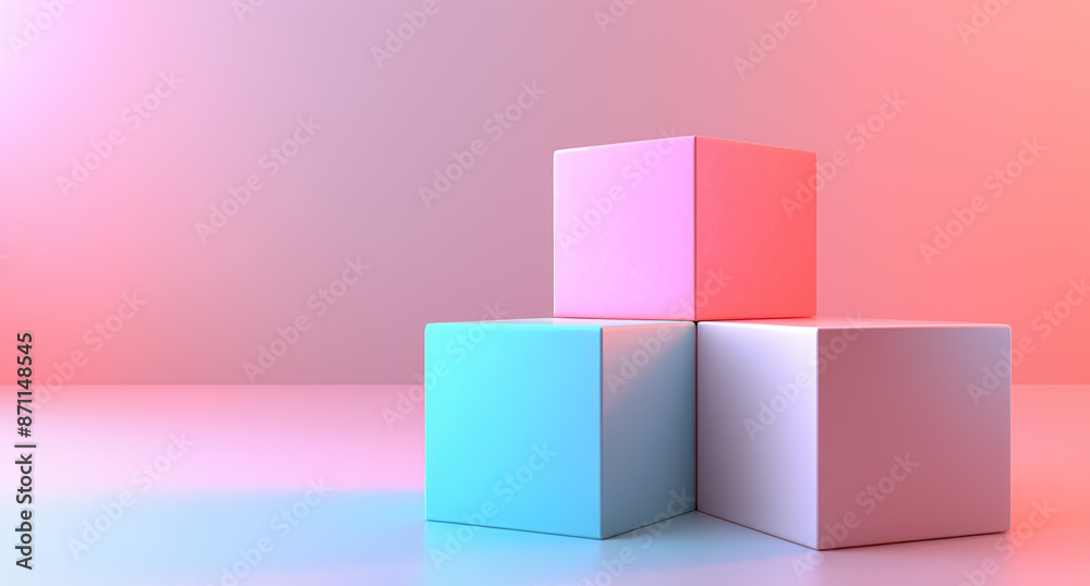 Three colorful cubes stacked in the middle, pastel-colored environment with soft lighting. Three colorful cubes stacked in the middle, pastel-colored environment with soft lighting.