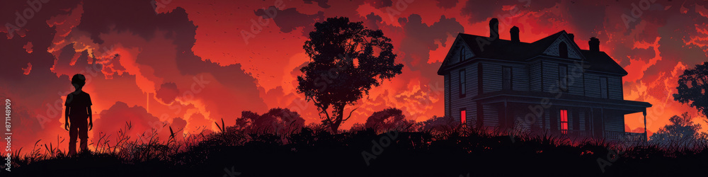 A silhouette of a boy stands in the foreground, facing a large house in the distance. The sky behind him is a vibrant red, with clouds reflecting the setting sun A silhouette of a boy stands in the foreground, facing a large house in the distance. The sky behind him is a vibrant red, with clouds reflecting the setting sun