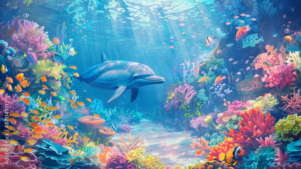 Fototapeta premium A colorful coral reef with various fish swimming around, 