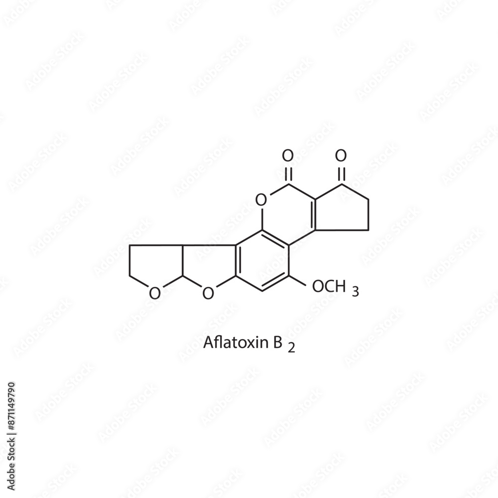 Aflatoxin B2 skeletal structure diagram.mycotoxin compound molecule scientific illustration.