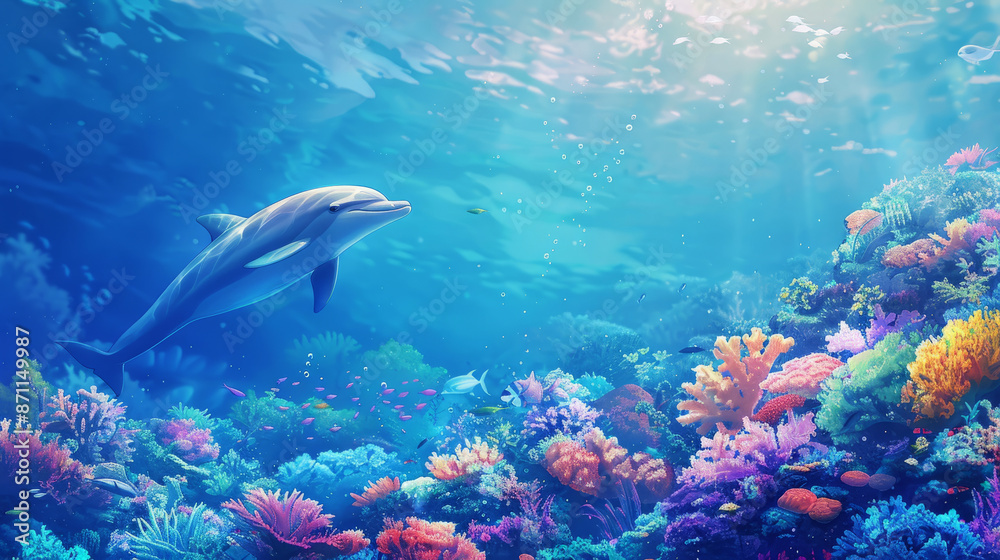 Fototapeta premium A vibrant coral reef teeming with colorful fish and sea creatures, 