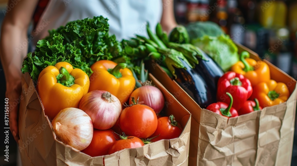 Two paper bags are filled with assorted fresh vegetables including bell peppers, tomatoes, onions, and lettuce, symbolizing healthy eating, freshness, and sustainability. Two paper bags are filled with assorted fresh vegetables including bell peppers, tomatoes, onions, and lettuce, symbolizing healthy eating, freshness, and sustainability.