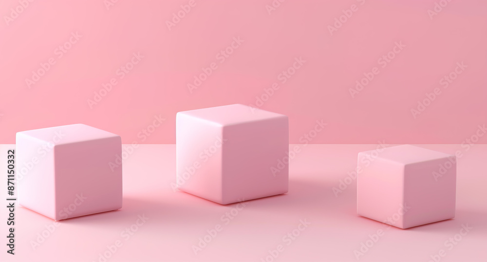 3D rendering of three white cubes with different sides on a pink background. 3D rendering of three white cubes with different sides on a pink background.