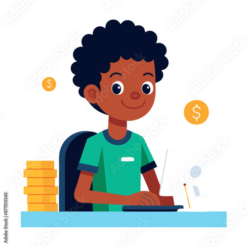 Smiling Black Boy Working On Laptop With Gold Coins