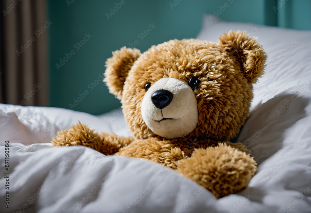 Teddy bear in bed. Childhood comfort.
