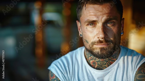 A man with numerous tattoos wearing a white shirt presents an intense gaze while outdoors, showcasing self-expression, individuality, and the strength of his personality.