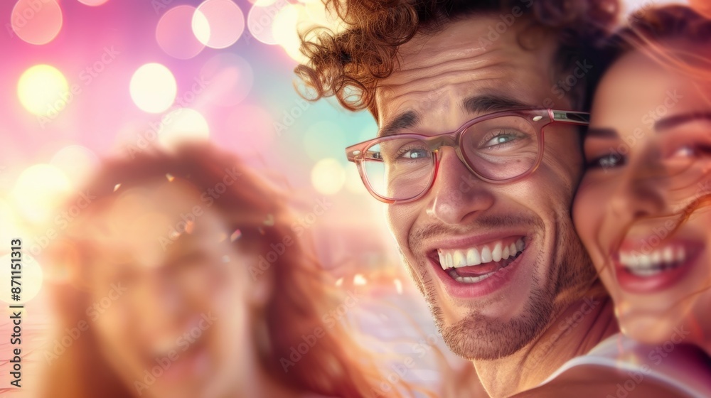 A man and a woman are smiling at the camera, with the man wearing glasses, night party A man and a woman are smiling at the camera, with the man wearing glasses, night party