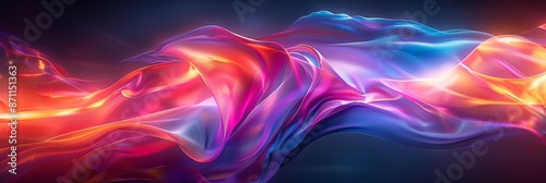 Abstract colorful flowing fabric with light effects on dark background. Banner with copy space