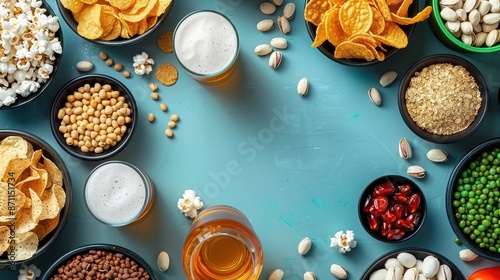 A delightful assortment of snacks such as chips, popcorn, nuts, and beverages beautifully arranged on a blue table. This vibrant setting is perfect for social gatherings and parties.