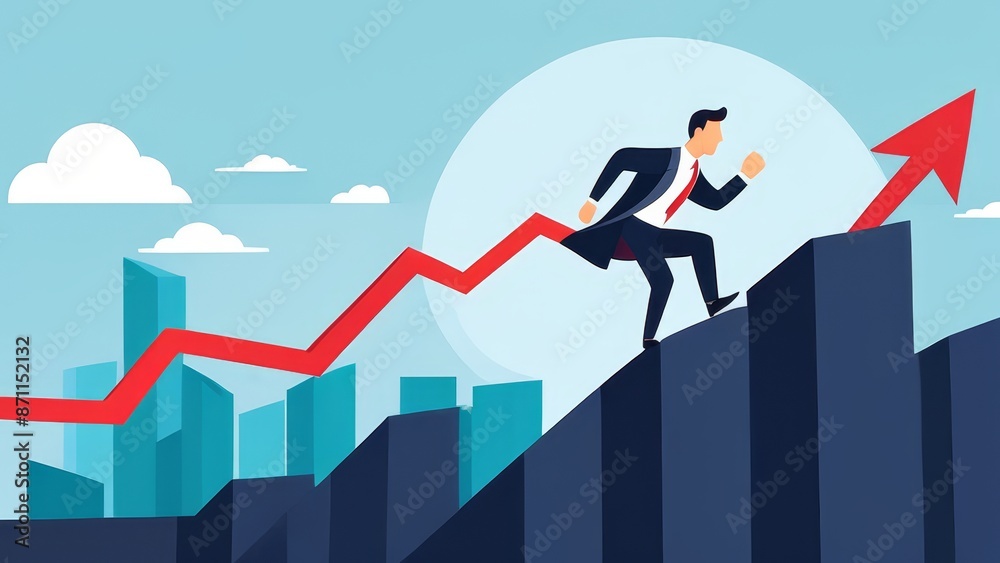 A man is climbing a mountain with a red arrow pointing upwards. Concept of determination and ambition, as the man is striving to reach the top of the mountain A man is climbing a mountain with a red arrow pointing upwards. Concept of determination and ambition, as the man is striving to reach the top of the mountain