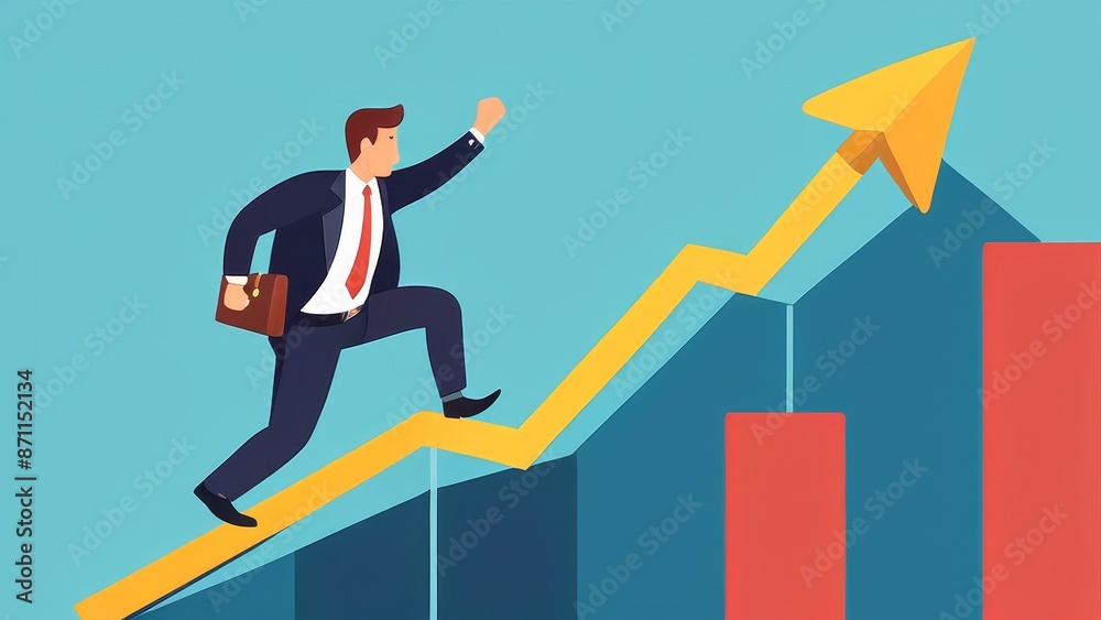 A man is climbing a mountain with a red arrow pointing upwards. Concept of determination and ambition, as the man is striving to reach the top of the mountain A man is climbing a mountain with a red arrow pointing upwards. Concept of determination and ambition, as the man is striving to reach the top of the mountain