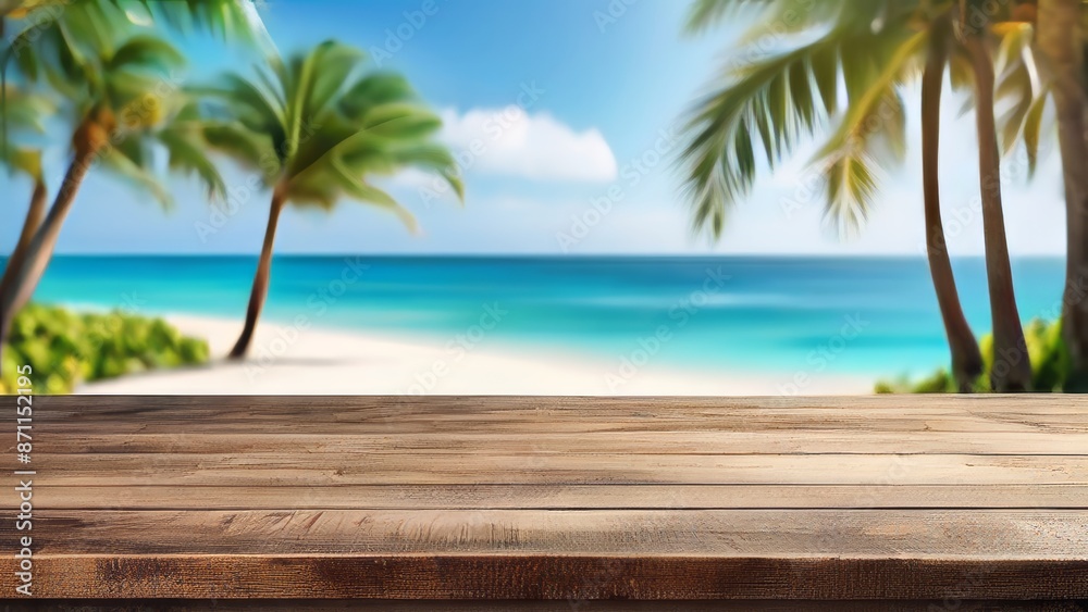 A wooden table with a view of the ocean and palm trees. The table is empty and the view is serene and peaceful A wooden table with a view of the ocean and palm trees. The table is empty and the view is serene and peaceful
