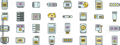 Gigabyte icons set outline vector. Big data. Cyber disk thin line color flat on white