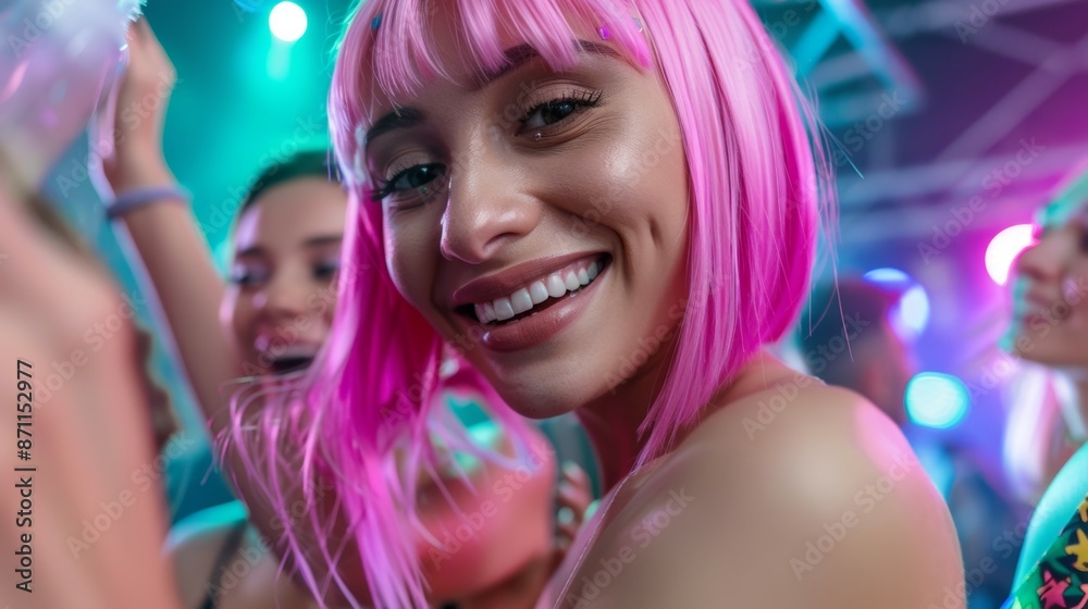 A woman with pink hair is smiling and posing for a picture, night party A woman with pink hair is smiling and posing for a picture, night party