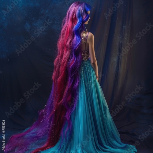Woman with Long Colorful Hair in a Blue Dress