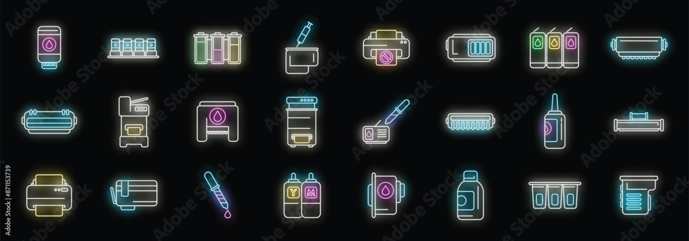 Cartridge filling icons set outline vector. Computer copier. Device digital neon color on black Cartridge filling icons set outline vector. Computer copier. Device digital neon color on black