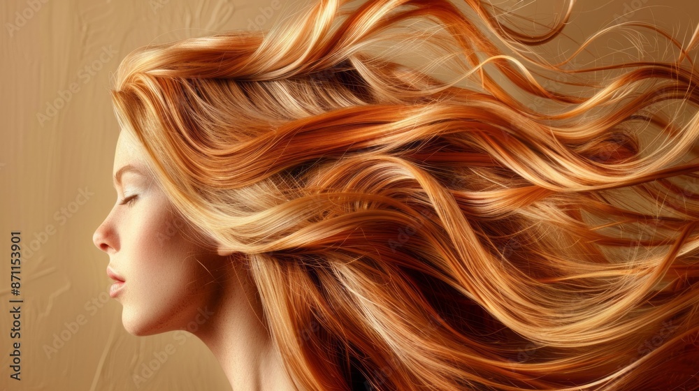 custom made wallpaper toronto digitalA close-up portrait of a woman with long, wavy, reddish-blonde hair flowing in the wind