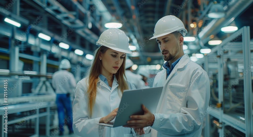 Engineers discussing project with laptop in modern industrial factory Engineers discussing project with laptop in modern industrial factory