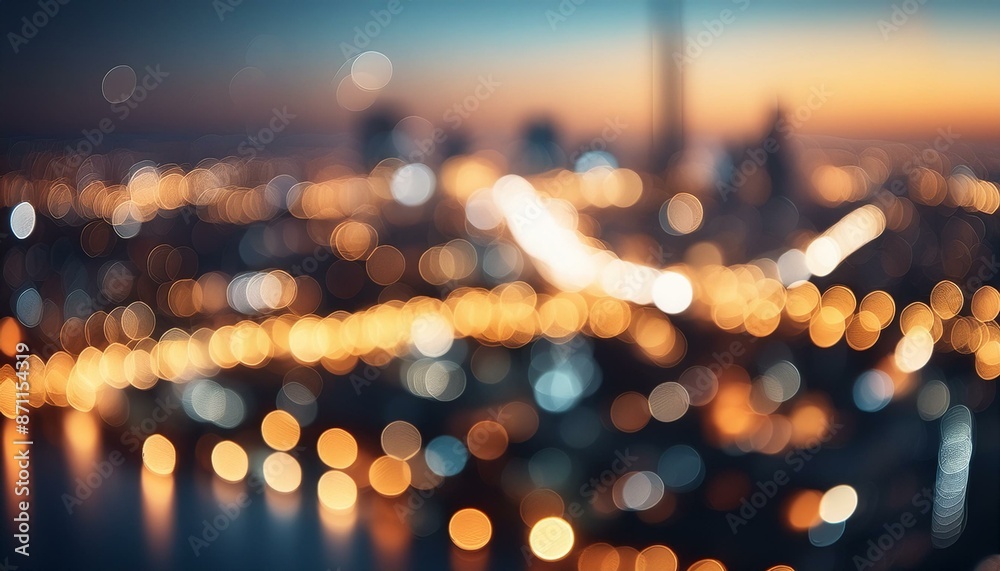 Fototapeta premium Abstract bokeh city lights at night, blurred urban skyline with golden glowing circles and soft blue dusk sky, defocused metropolitan cityscape background for creative design projects