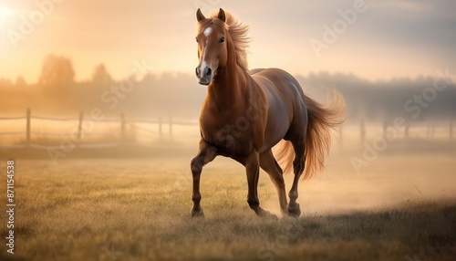 A horse trots majestically on a misty field with a fence in the background, radiating strength, freedom, and the serene beauty of a calm morning scene.