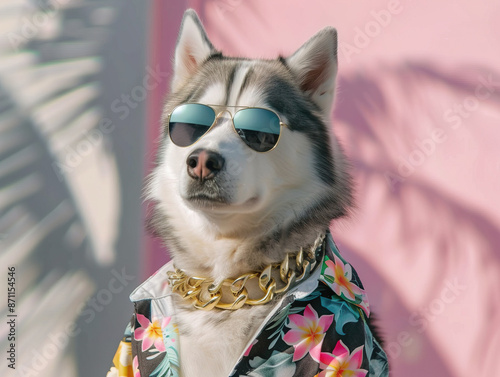 Photorealistic, miami vice style, Siberian Husky, sunglasses, floral shirt, gold chain Husky dog with multi-colored eyes, close-up photo. High quality photo photo