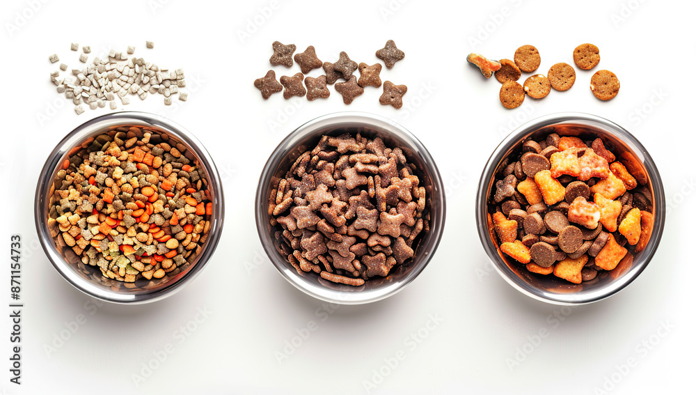 Assorted three bowls filled with of pet food, arranged in a row on a white background. Assorted three bowls filled with of pet food, arranged in a row on a white background.