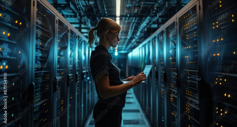 Young woman working in data center with digital tablet ensuring smooth server operation Young woman working in data center with digital tablet ensuring smooth server operation