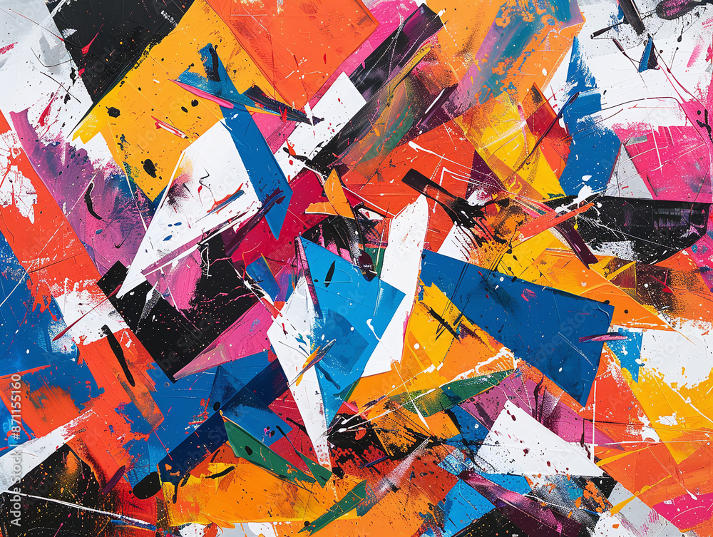 A colorful and dynamic abstract painting featuring bold geometric shapes and vibrant splashes of paint, creating an energetic visual effect.
A colorful and dynamic abstract painting featuring bold geometric shapes and vibrant splashes of paint, creating an energetic visual effect.