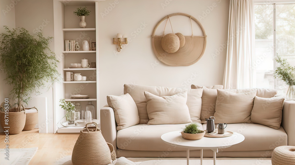modern villa living room with antique decor and furniture, neutral sofa and jute rug, interior photography. Modern interior, modern villa living room with antique decor and furniture, neutral sofa and jute rug, interior photography. Modern interior,