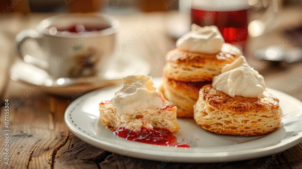 Scone served with jam and clotted cream on a white plate on a wooden table Scone served with jam and clotted cream on a white plate on a wooden table