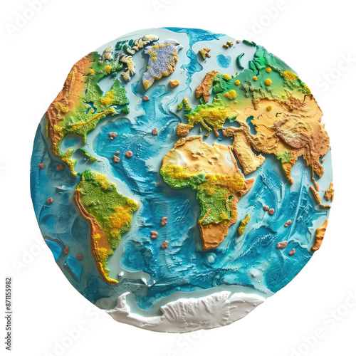 Ilustración del planeta tierra estilo arcilla en relieve, en fondo transparente, colores cálidos.