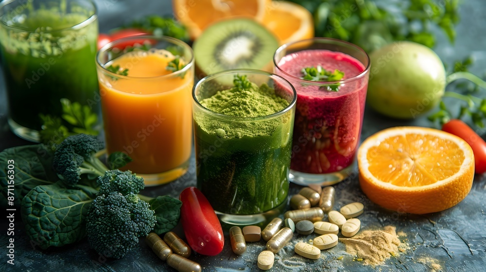 Assortment of Healthy Fruit and Vegetable Smoothies in Vibrant Colors on Rustic Wooden Background Assortment of Healthy Fruit and Vegetable Smoothies in Vibrant Colors on Rustic Wooden Background