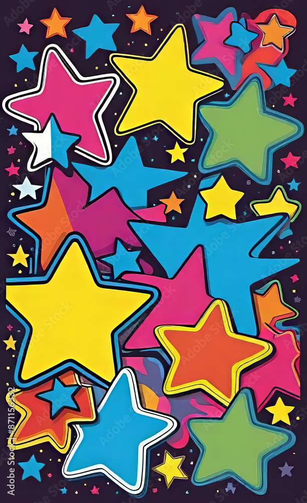 2d flat sticker with shooting stars, bright and neon colors. 2d flat sticker with shooting stars, bright and neon colors.