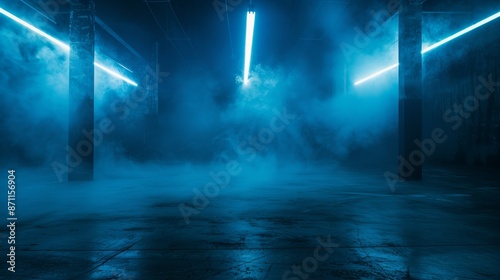 A dark room with blue lights and a lot of smoke, backdrop © Space Priest