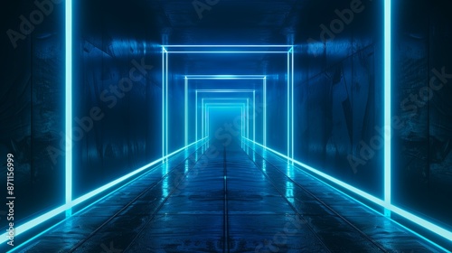 A long, narrow hallway with blue lights on the walls