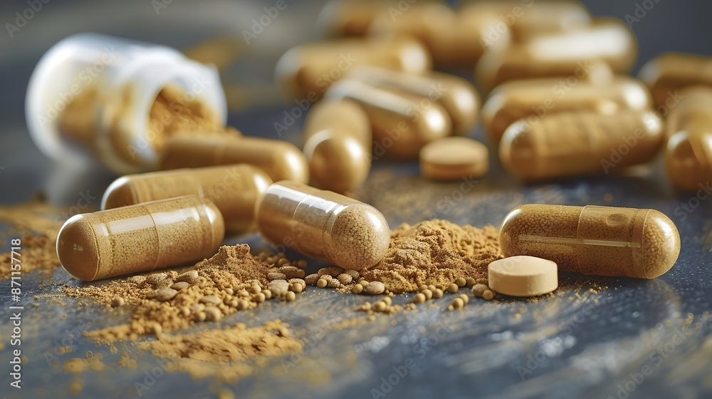 Close up of Various Herbal Natural and Pharmaceutical Supplements in Bottles Jars and Containers Close up of Various Herbal Natural and Pharmaceutical Supplements in Bottles Jars and Containers