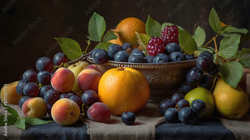 fruit dish, still life on an old canvas in art style, artwork fruit dish, still life on an old canvas in art style, artwork